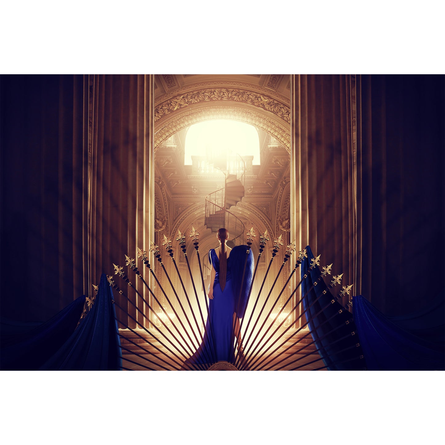 La femme en bleu face à l'escalier du bonheur - Affiche fine art