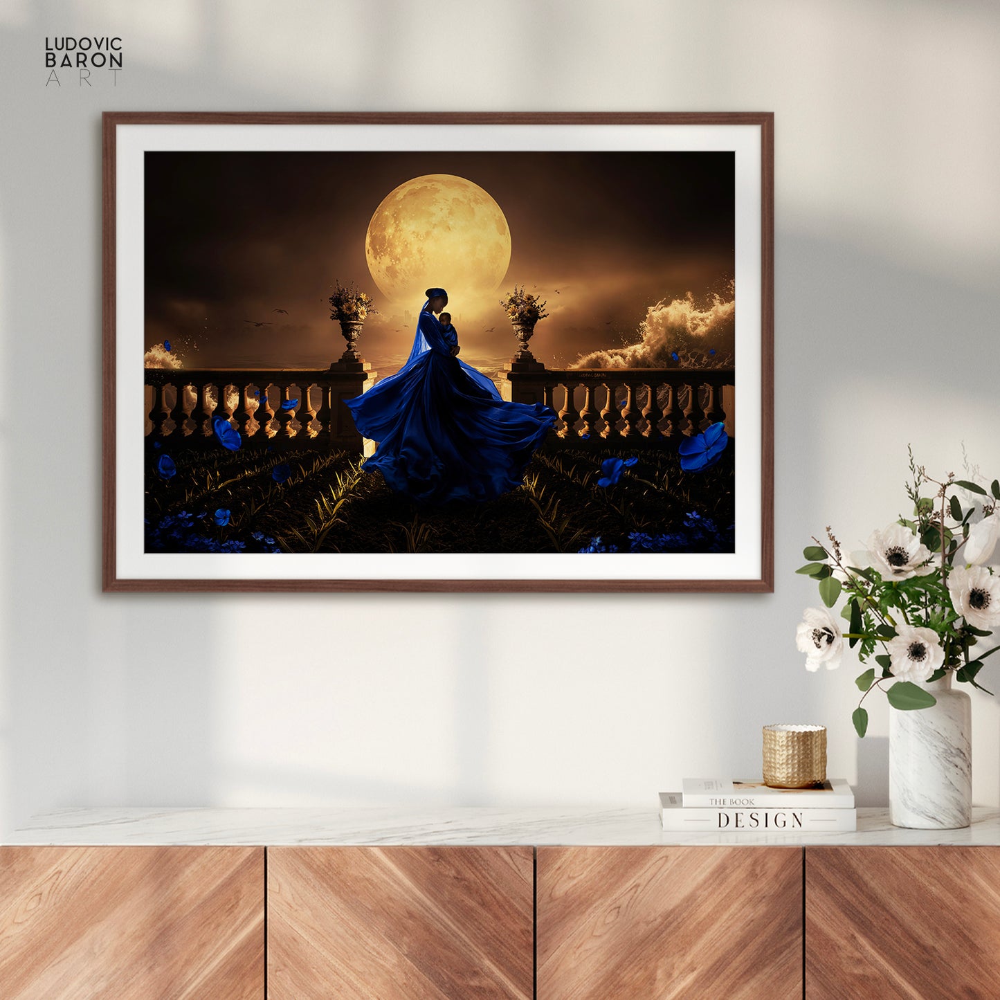 The woman in blue facing the waves of change - Fine art poster