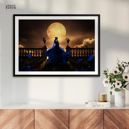 The woman in blue facing the waves of change - Fine art poster
