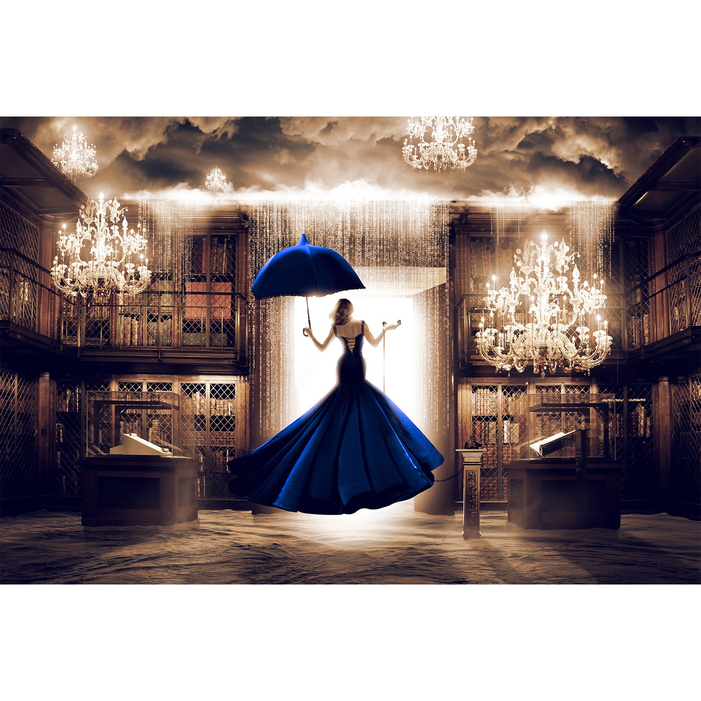 The woman in blue facing the digital door - Fine art poster