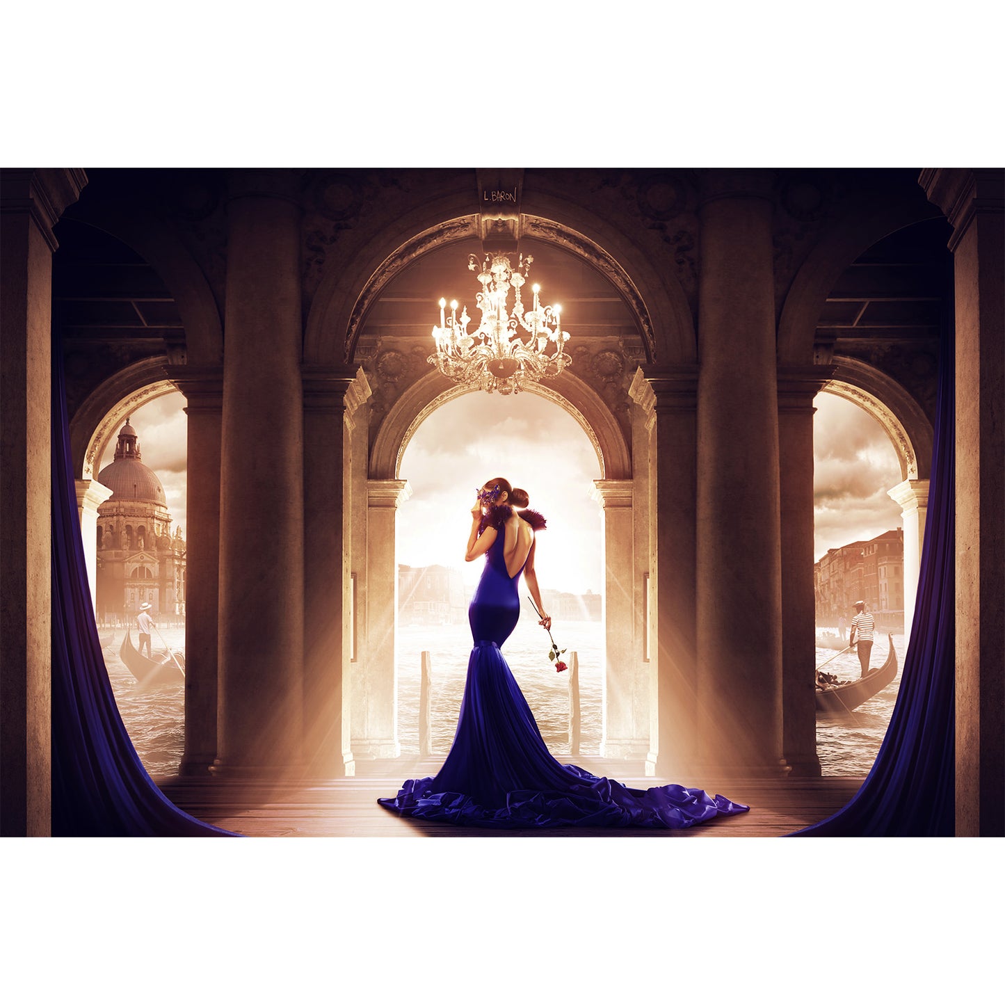 The woman in blue on the threshold of a romance - Fine art poster