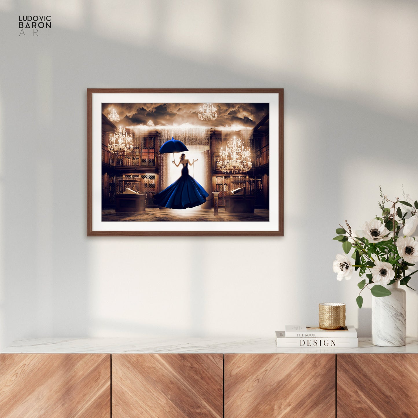 The woman in blue facing the digital door - Fine art poster