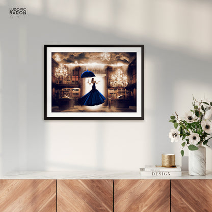 The woman in blue facing the digital door - Fine art poster