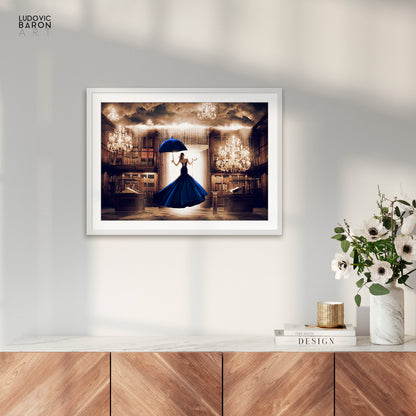 The woman in blue facing the digital door - Fine art poster