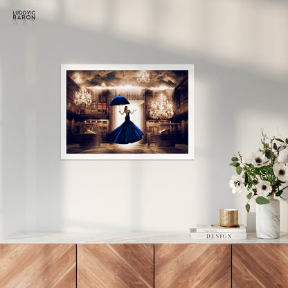 The woman in blue facing the digital door - Fine art poster