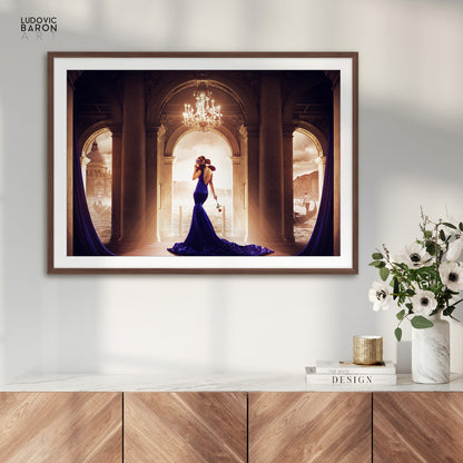 The woman in blue on the threshold of a romance - Fine art poster