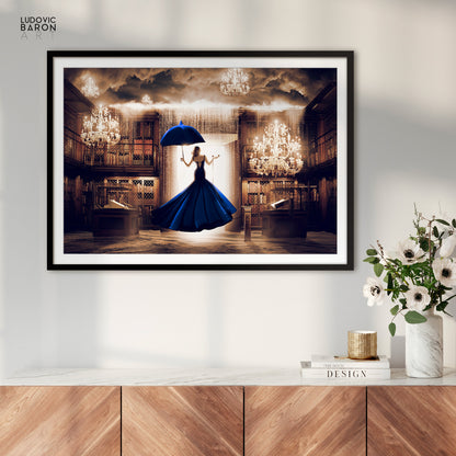 The woman in blue facing the digital door - Fine art poster