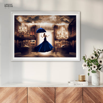 The woman in blue facing the digital door - Fine art poster