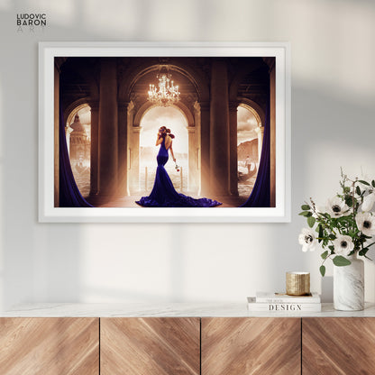 The woman in blue on the threshold of a romance - Fine art poster