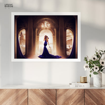 The woman in blue on the threshold of a romance - Fine art poster